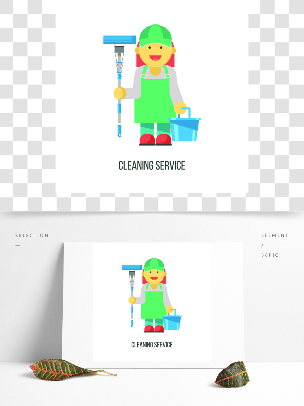 清潔服務(wù)平面矢量圖專業(yè)清潔場所有拖把和桶的清潔女工在手中